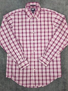 Lands End No Iron Supima Shirt Pink Plaid Mens Medium Button Down
